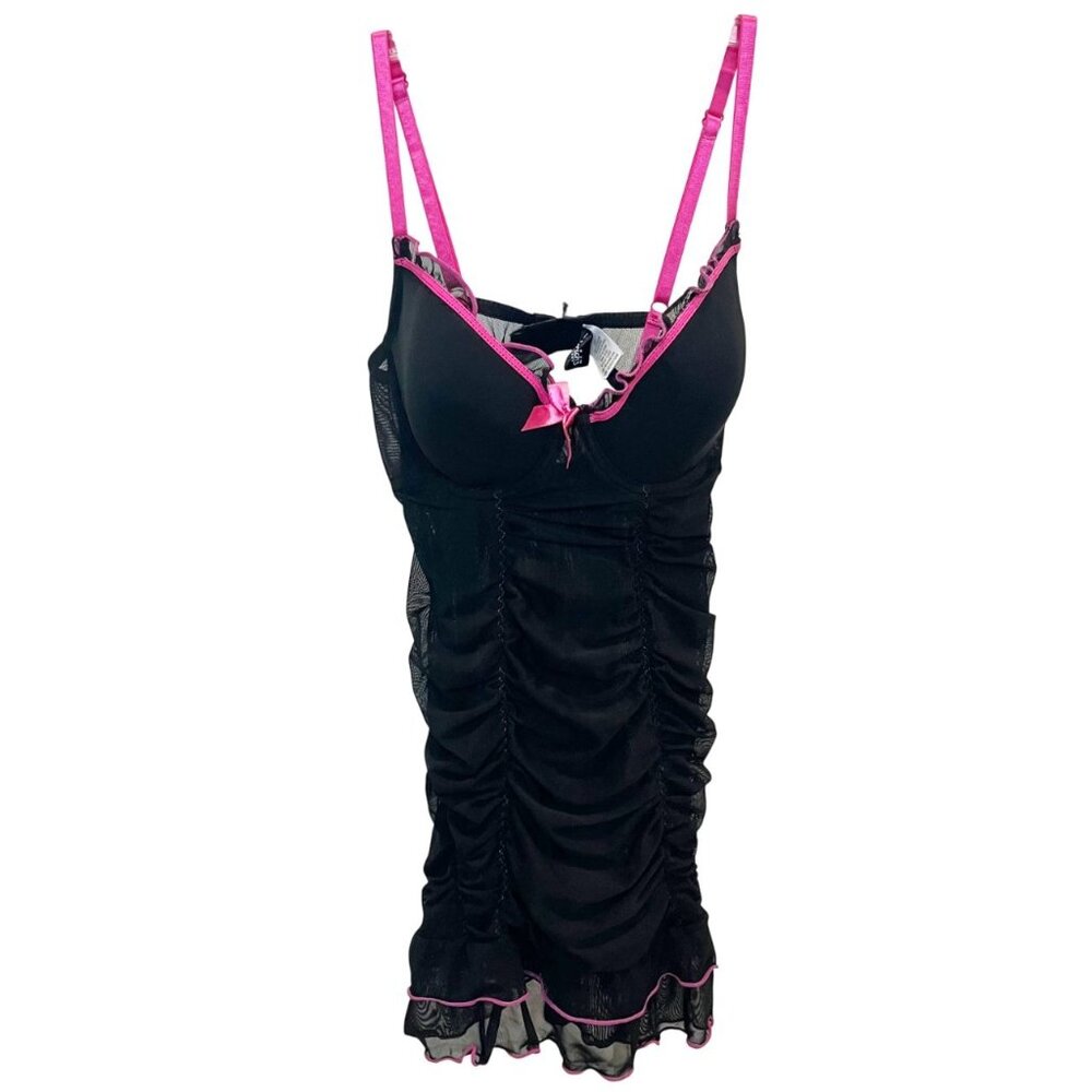 Fredrick's of Hollywood Black Mesh Ruched‎ Lingerie Mini Dress Teddy Y2K LARGE